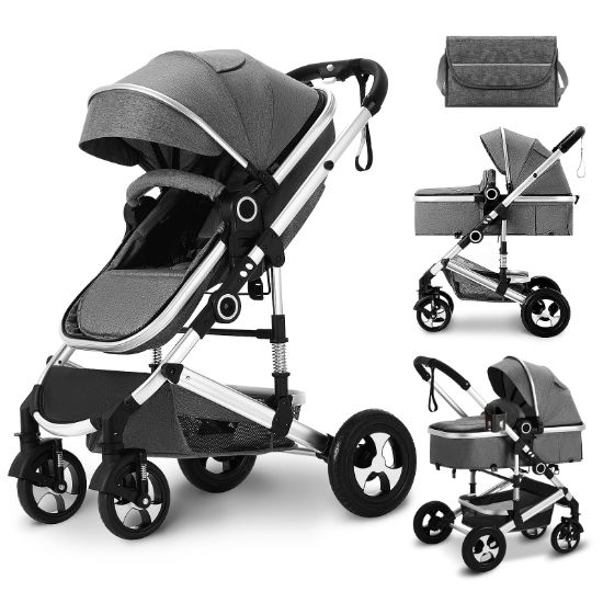 Picture of Kinder King 2 in 1 Convertible Baby Stroller, Folding High Landscape Infant Carriage, Newborn Reversible Pram, Diaper Bag, Anti-Shock Toddler Pushchair Stroller, Dark Grey