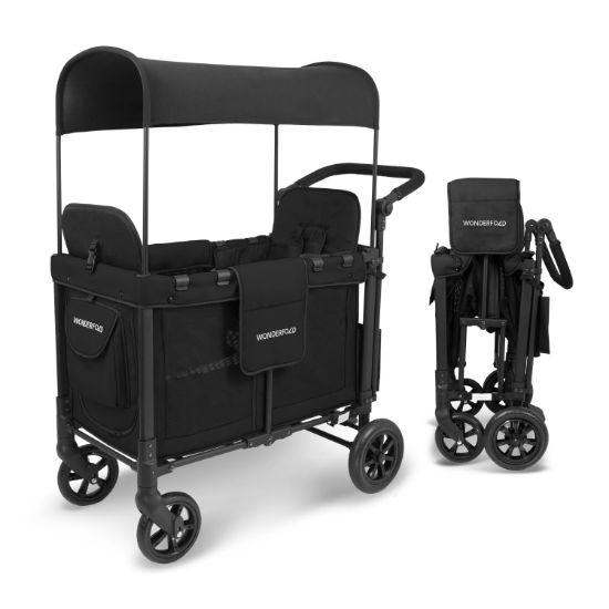 Picture of WONDERFOLD W2 Original + Stroller Wagon (2 Seater) - Collapsible Wagon Stroller with Seats with 5-Point Harnesses, Easy-Access Door, and Adjustable Sun Canopy, Black