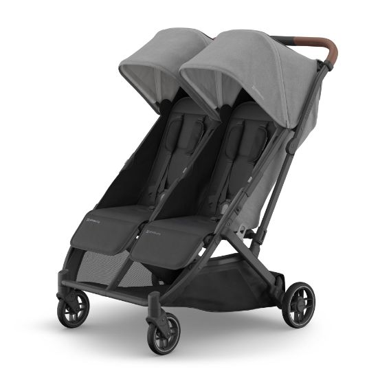 Picture of UPPAbaby Minu Duo Side-by-Side Double Stroller - Lightweight + Compact Design for Travel - Easy Fold- From Birth to Toddler - Independent Recline -Greyson(Charcoal Mlange/Carbon Frame/Saddle Leather)