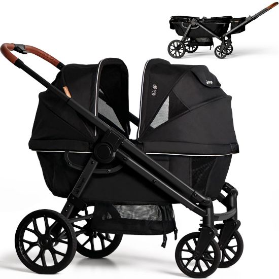 Picture of Wagon Stroller for 2 Kids, All-Terrain with Removable UV-Protection Canopy , Adjustable Push/Pull Handle, Snack Tray & Cup Holders, Perfect for Baby and ToddlerBlack)