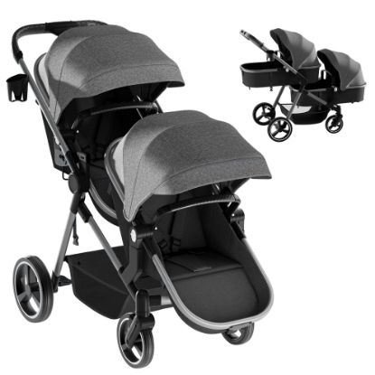 Picture of MU Double Stroller, Foldable Twin Tandem Stroller with Adjustable Backrest, Reversible Seat, 5-Point Harness, Storage Basket, Convertible Baby Bassinet for Infant and Toddler, Gray