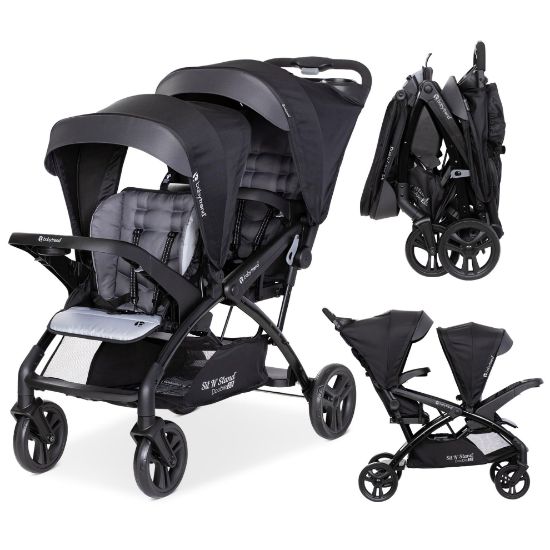 Picture of Baby Trend Double Stroller with Canopy Visors, Storage Basket and 2 Cup Holders, Sit N' Stand 2.0 DLX, Stormy - Foldable Infant and Toddler Tandem Stroller and Travel System