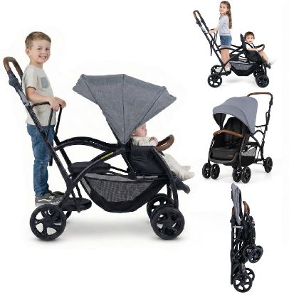 Picture of INFANS Sit and Stand Double Stroller, Foldable Tandem with Standing Platform Reclining Backrest, Adjustable Handlebar and Footrest, Storage Basket 5-Point Harnesses, Baby Pushchair for Toddlers