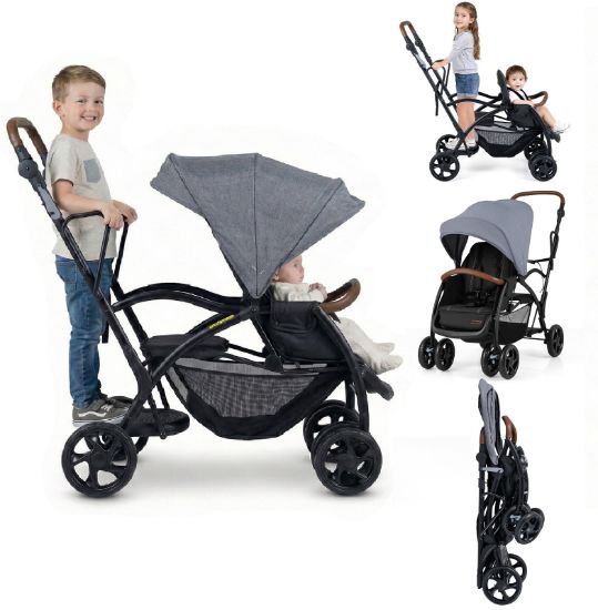 Picture of INFANS Sit and Stand Double Stroller, Foldable Tandem with Standing Platform Reclining Backrest, Adjustable Handlebar and Footrest, Storage Basket 5-Point Harnesses, Baby Pushchair for Toddlers