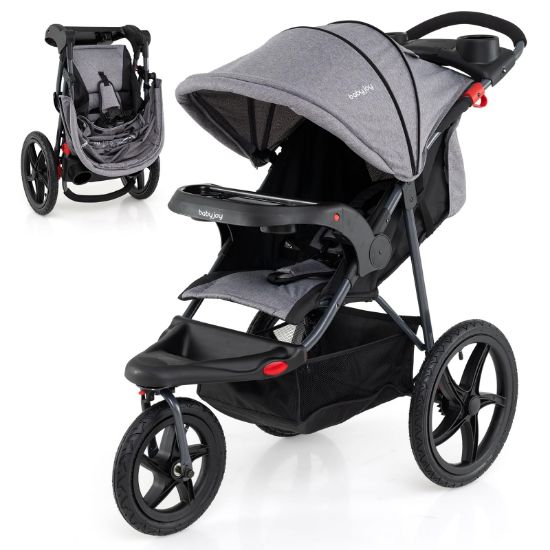 Picture of BABY JOY Jogging Stroller, Foldable Jogger Stroller with Adjustable Canopy & Backrest, Air-Filled Tires, Child & Parent Tray, Cup Holders, Storage Basket, Running Stroller for Babies Toddlers (Gray)
