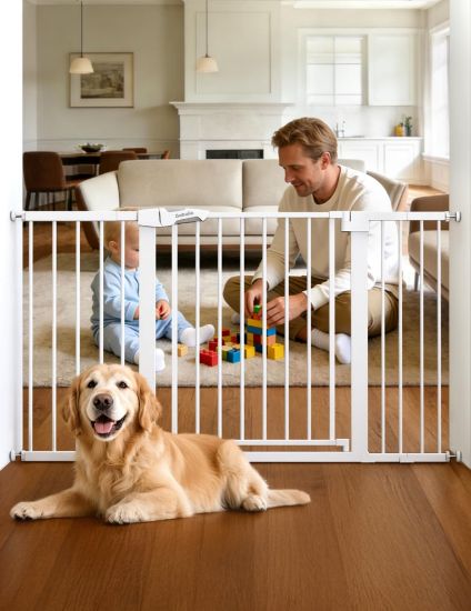 Picture of Babelio 29-55 Inch Extra Wide Baby/Dog Gate, PressGuard P7, Metal Auto Close, Pressure Mounted Pet Door for Doorways, NO Need Tools and Drilling, with Wall Cups, White