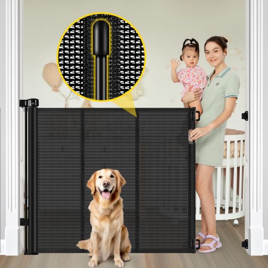 Picture of Reinforced 42 Extra Tall Retractable Baby Gates with Rods, Extends up to 60 Wide, Tall Retractable Dog Gate for Doorways Prevent Crawling Through Mesh Pet Gate Indoor Outdoor, Black