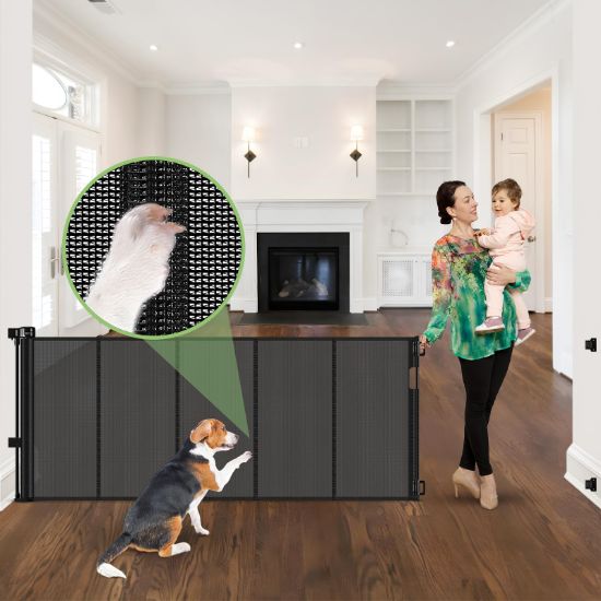 Picture of 96 Inch Wide Reinforced Retractable Baby Gate with Support Rods, Extra Long Dog Gate Retractable Gate Outdoor Gates for Decks, Prevent Crawling Under Extra Long Baby Gates for Large Openings, Black