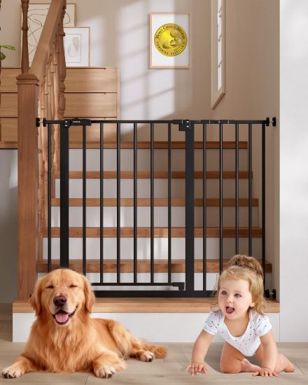 Picture of InnoTruth 29.5-40.75" Baby Gate for Stairs, 28" Tall Dog Gates for Doorways & Hallways, Safety Gate for Kids & Pets, Pressure-Mounted Walk-Through with Dual Lock & 2-Way Swing, Black