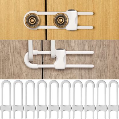 Picture of Jetec 10 Pieces Cabinet Locks for Babies, U-Shaped Proofing Drawers Safety Child Locks Adjustable, Easy to Use Childproof Latch for Knob Handle on Kitchen Door Storage Cupboard Closet (White)