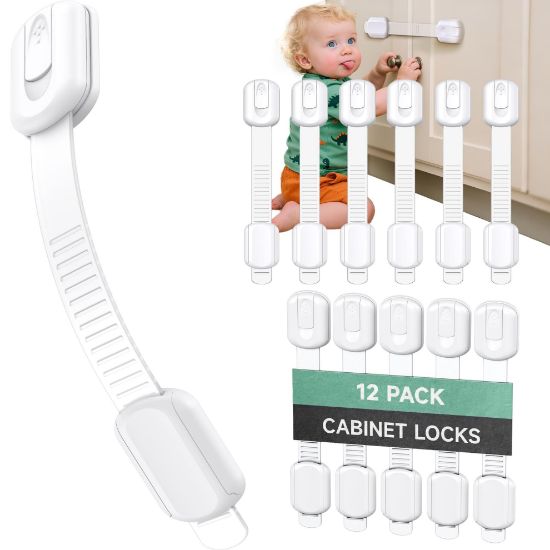 Picture of Infinno 12 Pack Cabinet Locks Baby Proofing Heavy Duty - Child Safety Cabinet Locks for Drawers, Cupboards & Fridge - No Drill 3M Adhesive Locks for Pets - Toddler Safety Latches