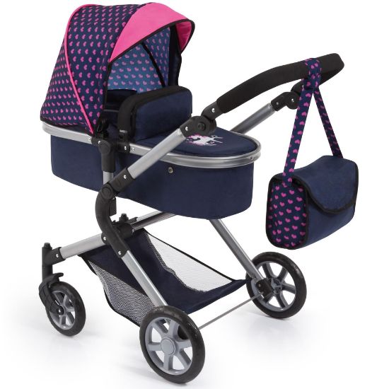 Picture of Bayer Pram Neo City Doll Stroller - Blue & Pink, 2-in-1 Convertible Jogger, Foldable Pushchair for 20in Dolls
