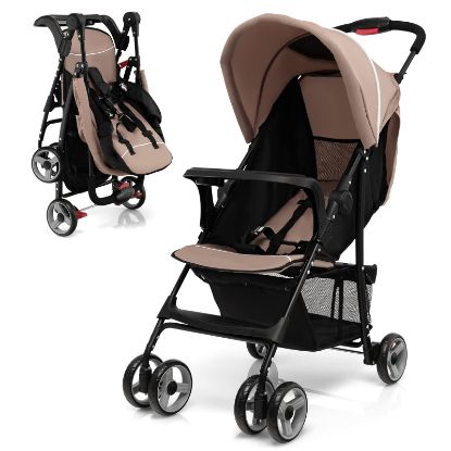 Picture of HONEY JOY Travel Stroller, Quick Fold Lightweight Baby Umbrella Stroller for Airplane, Adjustable Canopy & Backrest, Storage Basket, Removable Meal Tray, Compact Stroller Newborn and Toddler(Coffee)