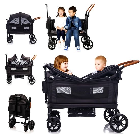 Picture of Luxury Wagon Stroller for 2 Kids & Cargo-Lightweight Foldable Travel Push Pull All-Terrain Double Wagon for Newborn&Toddler with 5-Point Harness,Adjustable Handle, Canopy,Tray Table,Cup Holder