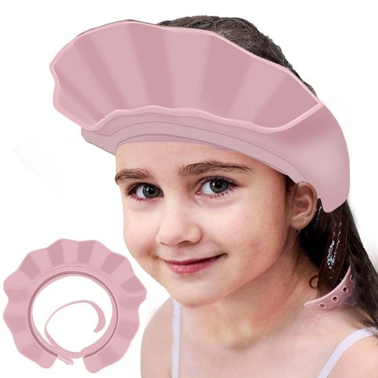 Picture of KOMIDK Baby Kids Shower Cap Shampoo Bath Bathing Hat Silicone Adjustable Washing Hair Shower Bathing Protection Shower Cap for Toddler, Baby, Kid, Children (Pink)