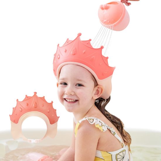 Picture of FUSACONY Shower Cap Children, Baby Safe Shampoo Cap, Baby Adjustable Shampoo Protection, Shampoo Protection for Children, Washing Hair without Tears, for 0-9 Years Crown (Red)
