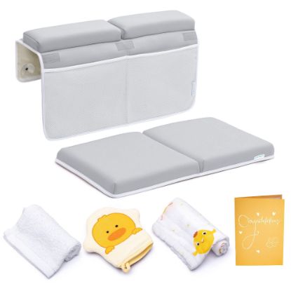 Picture of Bath Kneeler and Elbow Rest Pad, 1.75 inch Extra Thick Baby Bath Kneeling Pad and Elbow Pad for Bathtub. Bath Tub Elbow Pad with Infant Toy and Baby Accessories Organizer, Grey