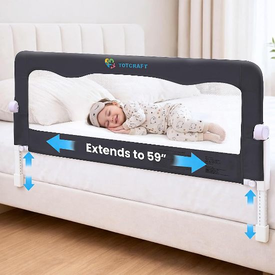 Picture of TotCraft Flexguard Adjustable Length & Height Bed Rail for Toddlers - Fits Twin, Full, Queen & King Beds - 35.5 or 59 Two Fixed Lengths - 14 Height Levels - ASTM Certified Bed Rail for Baby (Grey)