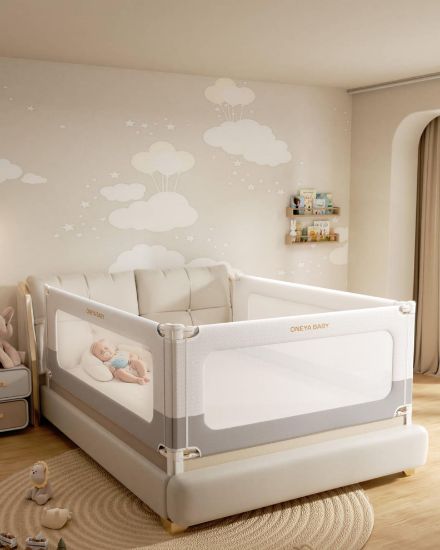 Picture of 3 Piece Bed Rails for King Size Bed, No-Drill Needed Baby Bed Rail Guard for Toddlers with Height Adjustable, Thickened Child Safety Side Railing Guards/Bedrail for Kids, White/Grey, 74.8x78.7x78.7in