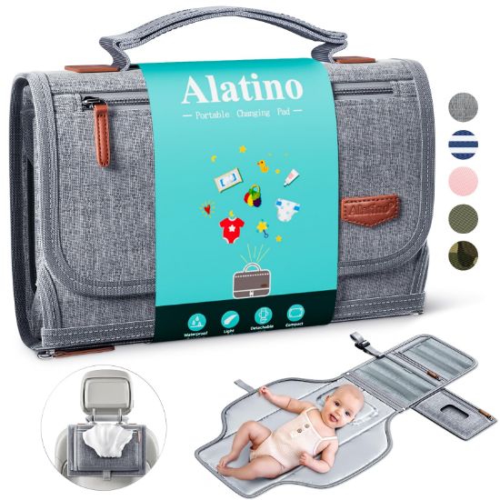 Picture of Alatino Portable Diaper Changing Pad for Baby, Detachable Travel Changing Pad with Baby Wipes Pocket, Gifts for Baby Shower, Newborn Girls and Boys (Grey)