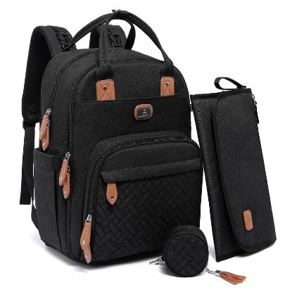 Picture of Dikaslon Diaper Bag Backpack with Portable Changing Pad, Pacifier Case and Stroller Straps, Large Unisex Baby Bags for Boys Girls, Multipurpose Travel Back Pack Moms Dads, Black