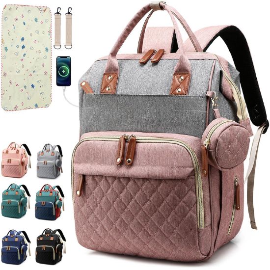 Picture of SHITIESHOU Diaper Bag Backpack Baby Bag, Baby Girl Boy Diaper Bag for Dad Mom with Pad, 16 Pockets, Pacifier Case, Large Diaper Bags Unisex for Travel(Pink Grey)