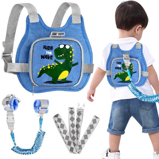 Picture of Toddler Harness Leash+ Anti Lost Wrist Link, Accmor Cute Dinosaur Kids Harness with Leash, Foldable Child Leash Baby Walking Wristband Assistant Strap Belt for Parent Boys Outdoor Activity