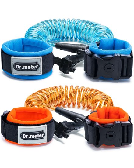 Picture of Dr.meter Toddler Leash, 2 Pack Safety Anti Lost Wrist Link with Key Lock, Reflective Child Walking Harness, 8.2ft Blue + 4.92ft Orange Kids Leash for Supermarket Mall Airport Amusement Park Zoo Travel