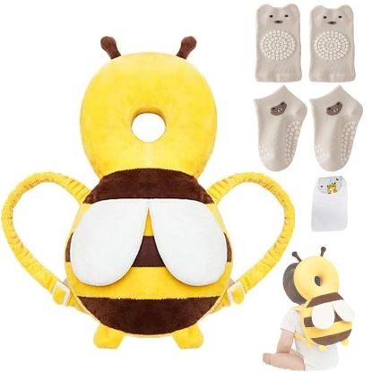 Picture of Baby Head Protector Backpack, Toddler Baby Head Protection Backpack with Baby Knee Pads Alarm Function for Walking & Crawling, Soft, Breathable and Wearing Safety Baby Head Protector - Yellow Bee
