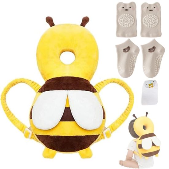 Picture of Baby Head Protector Backpack, Toddler Baby Head Protection Backpack with Baby Knee Pads Alarm Function for Walking & Crawling, Soft, Breathable and Wearing Safety Baby Head Protector - Yellow Bee