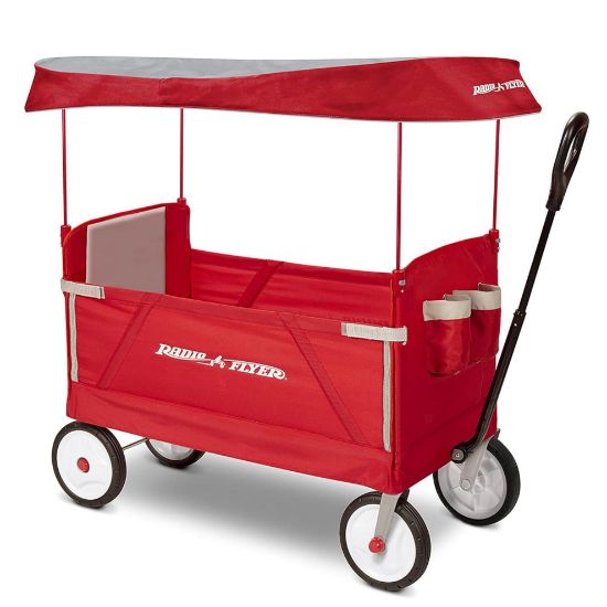 Picture of Radio Flyer 3-in-1 EZ Fold Wagon with Canopy, for Kids 1.5+, UV Shade, One-Hand Flat Fold, Seats 2 or Converts to Bench, DuraClean Fabric, Rubber Tires, 150 lb Capacity, Wagon for Kids or Cargo