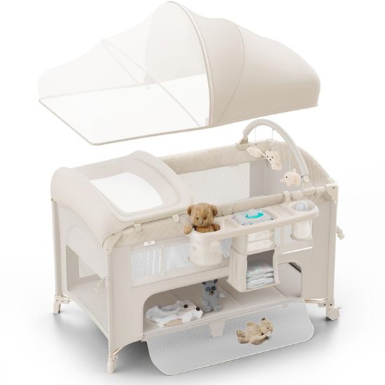 Picture of Obee Odee 4 in 1 Baby Bassinet, Pack and Play, Bedside Crib Sleeper, Diaper Changer - Comes with Mattress, Mosquito Net, Bottom Storage and Toy Bar for Newborn to Toddles