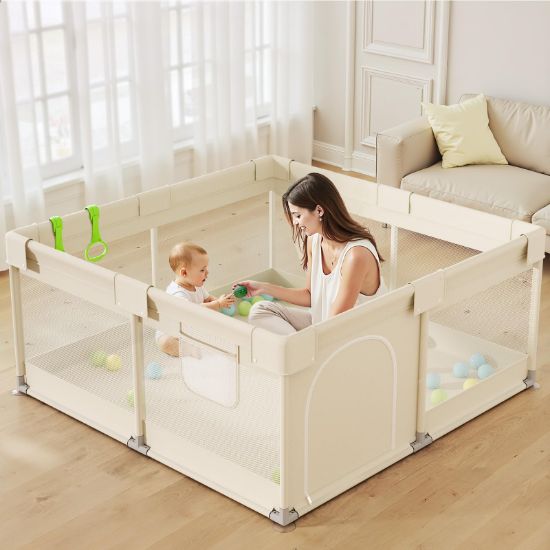 Picture of Uanlauo Beige Small Baby Playpen - 47x47in Playpen for Babies and Toddlers, Safe Indoor Play Pen, Baby Pen with Storage Bag and Breathable Mesh