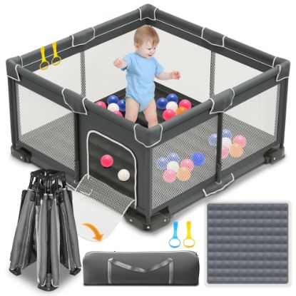 Picture of ICAREWAY Foldable Playpen for Babies and Toddlers, 50x50 Inches Portable Playpen, Kids Collapsible Play Pen with 2 Handlers, Indoor & Outdoor Baby Fence Play Area with Visible Mesh, Dark Gray