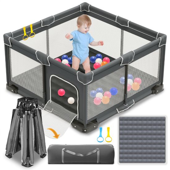 Picture of ICAREWAY Foldable Playpen for Babies and Toddlers, 50x50 Inches Portable Playpen, Kids Collapsible Play Pen with 2 Handlers, Indoor & Outdoor Baby Fence Play Area with Visible Mesh, Dark Gray