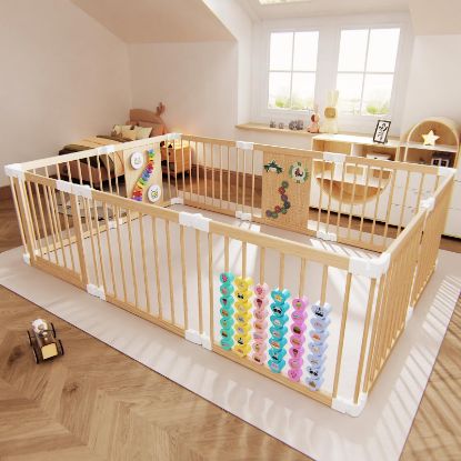 Picture of YZNVCG Baby Playpen - Adjustable Multi-Shape Wooden Play Yard, Portable Collapsible Activity Center with Baby Fence Play Area & Toys for Infants, Toddlers (57x85x24inch)