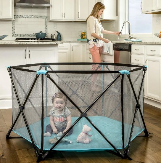 Picture of Regalo Safety My Play Portable Baby Playpen & Play Yard, Foldable 6-Panel Indoor Outdoor Playpen for Babies & Toddlers, Mesh Sides, Washable Fabric, 48, Aqua/Black