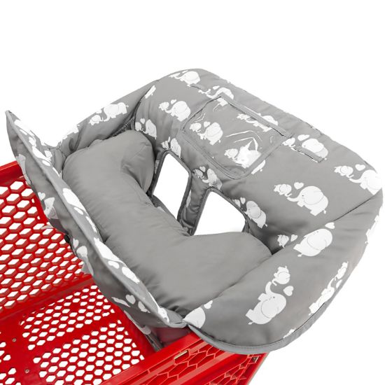 Picture of Love&go Soft Pillow Attached 2-in-1 Shopping Cart and High Chair Cover for Baby, Cotton Padded Cart Cover, Fold'n Roll Style, Portable with Carry Bag (Gray Elephant)