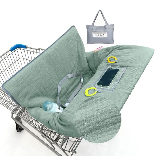 Picture of BeBeJoJo Muslin Shopping Cart Cover for Baby Soft & Breathable High Chair Covers for Restaurant Seat Grocery Cart Cover with Storage Pocket Machine Washable for Infant Toddler Boy Girl, Sage Green