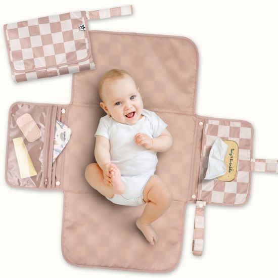 Picture of Tiny Twinkle Portable Diaper Changing Pad | Waterproof, Wipeable & Compact Baby Changing Pad for Travel | Smart Wipes Pocket & Organized Storage| Newborn Shower Gift (Beige Checkers)