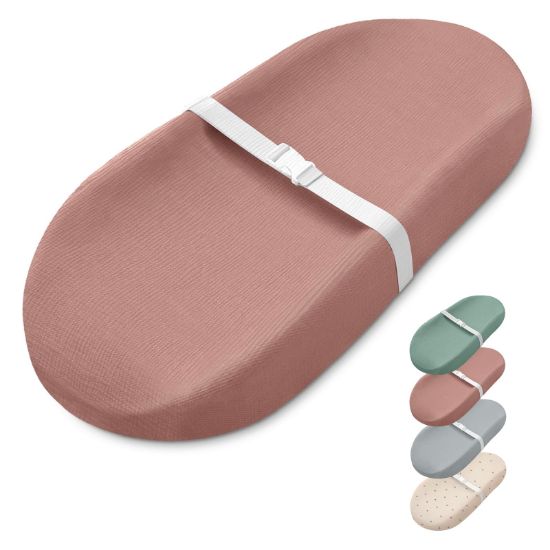 Picture of Blissful Diary Muslin Baby Changing Pad with Waterproof Lining Foam, Diaper Changing Table Pad with Cover for Dressers (Dusty Pink, Avocado)