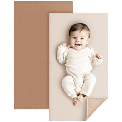 Picture of Konssy Faux Leather Baby Changing Mat, Waterproof, Wipeable & Portable Diaper Changing Pad for Travel or Home, Fits Perfectly in Diaper Bag, 30 x 17 inches (Brown,Beige)