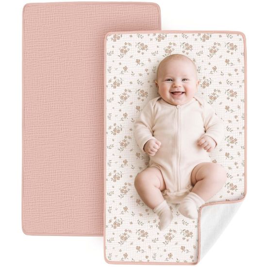 Picture of Konssy 2 Pack Waterproof Muslin Cotton Portable Changing Pad 30"x 17", Soft & Foldable Baby Changing Mat Travel Pad with Terry Backing, Shower Gift for Newborn Girls Boys (Pink,Blossom)