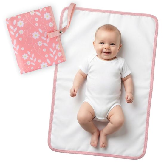 Picture of Portable Diaper Changing Pad for Baby - Waterproof Compact Changing Mat with Wrist Strap - Wipeable Travel Changing Pad for Diaper Bag - Gifts for Baby Shower by PHOEBUS BABY(Pink Flowers)