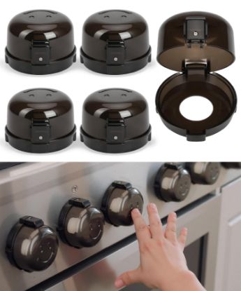 Picture of Bates- Stove Knob Safety Covers, Universal Size, 5 Pack, Black, Double Key Design, Heat Resistant Oven Knob Covers for Child Safety, Stove Guard Baby Proofing