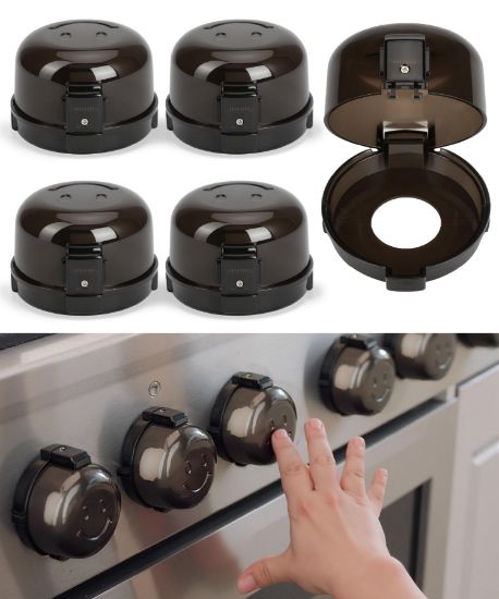 Picture of Bates- Stove Knob Safety Covers, Universal Size, 5 Pack, Black, Double Key Design, Heat Resistant Oven Knob Covers for Child Safety, Stove Guard Baby Proofing