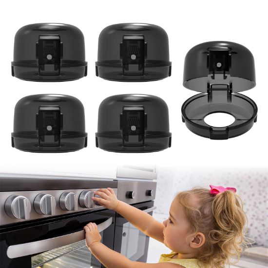 Picture of BBsecure Stove Knob Safety Covers - 5 Pack Heat Resistant Oven Knob Covers for Child Safety with 3M Strong Adhesive, Gas Stove Knob Covers with Dual-Button Locks & Visual Design, Black