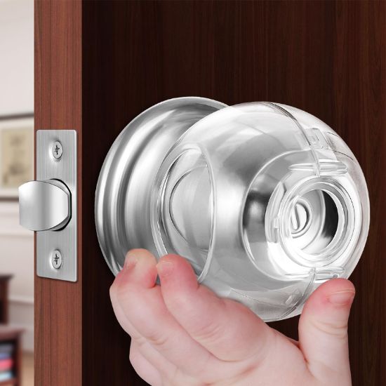 Picture of Clear Door Knob Safety Cover for Kids, 4 Pack Child Proof Door Knob Covers Fit More Color Knob Baby Proof Door Knob Covers Toddler Door Knob Cover Child Safety Door Knob Cover 2.7 X 2.3 Inches