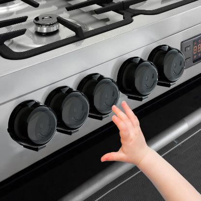 Picture of Stove Knob Covers for Child Safety - 5 Pack Babepai Upgraded Double-Key Design Universal Size Baby Safety Gas Oven Knob Covers Stove Guard Baby Proofing