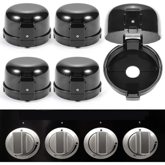Picture of Stove Knob Safety Covers, for Knob Diameter Less Than 2.4", Unlock with Adult Two-Finger, Dual-Key Press Gas Stove Knob Locks, Upgraded Oven Lock Knob Covers for Child Safety, Black Color, Pack of 5
